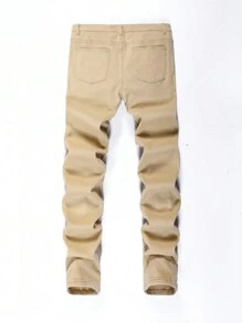 Manfinity Hypemode Plus Size Men's Light Khaki Ripped Skinny Denim Jeans For Casual Outdoor Wear In Autumn - Khaki - View 2