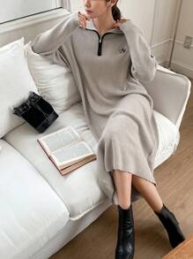 DAZY Women's Embroidered Collar Half-Zip Long Sleeve Knit Sweater Dress