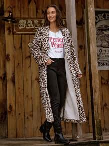 LanaWest Fluffy Leopard Print Double-Breasted Long Sleeve Long Coat With Hidden Buttons - Beige - View 1