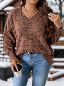 EMERY ROSE Plus Size Women's V Neck Pointelle Sweater Fall Women Western Attire, Winter Sweater - Brown - View 3
