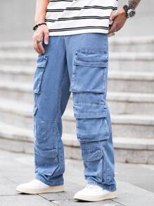 Manfinity Homme Men's Casual Loose Straight-Leg Multi-Pocket Pants - Medium Wash - View 5