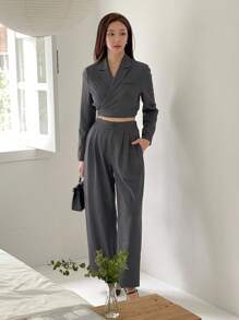 DAZY 2pcs Solid Color Short Blazer And Wide-Leg Pants Women's Suit Set