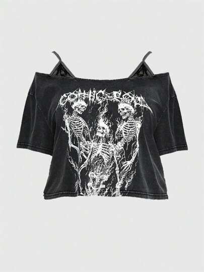 Goth Plus Size Punk Skull Printed Distressed Short Sleeve Layered T-Shirt, School, For Summer