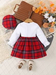 SHEIN 2 件套女婴可爱优雅时尚校园返校休闲连衣裙（带帽子），秋冬 - 紅色 - 查看 2