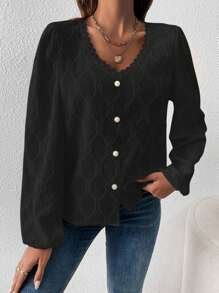 SHEIN Frenchy Solid Color V-Neck Button Front Lace Patchwork Long Sleeve Blouse,Long Sleeve Tops