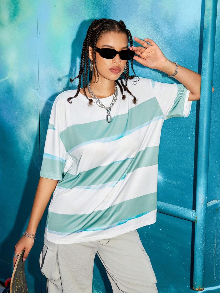 SHEIN Sports Colorblock Striped Print Crew Neck Short Sleeve Sports T-Shirt, Summer - White - View 1