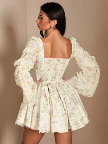 SHEIN BAE 女士长袖复古碎花浪漫荷叶边蕾丝边泡泡袖公主裙，适合浪漫约会、晚间外出、派对和庆祝活动 - 彩色 - 查看 2