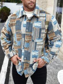 Manfinity Homme 大码男士休闲全印花单排扣夹克男士法兰绒 - 彩色 - 查看 5