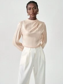 SHEIN Unity Solid Color Pleated Collar Elegant Long Sleeve Blouse - Apricot - View 6