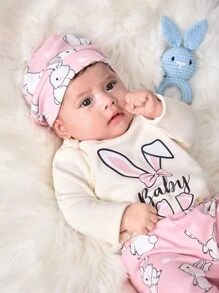 SHEIN 3件套新生女宝宝秋冬可爱卡通针织弹力长袖连体衣、裤子和帽子套装 - 白色 - 查看 4