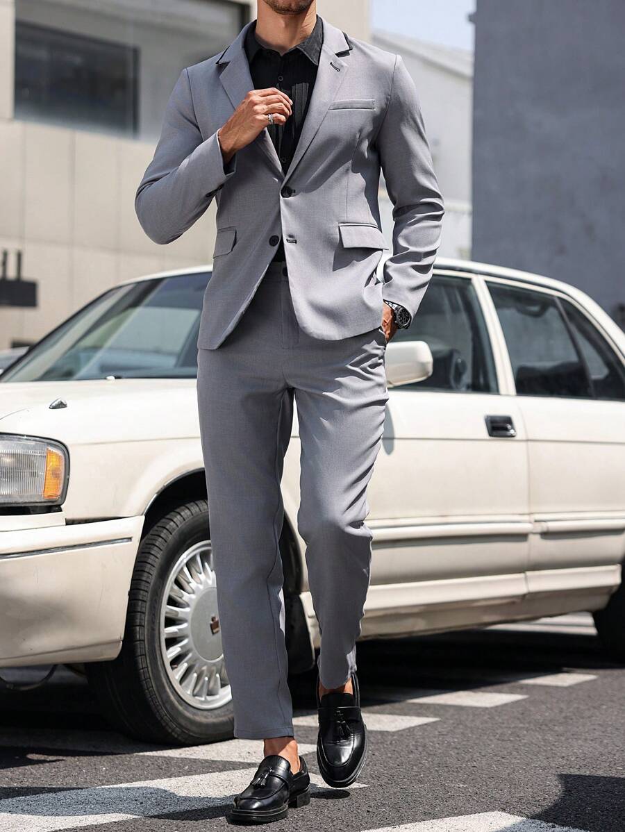 Manfinity Bizformal Men's Solid Color Stand Collar Long Sleeve Jacket & Pants Business Suit Set, Autumn - Grey - View 1