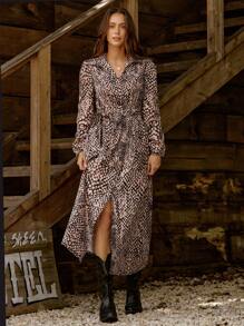 LanaWest Conjunto de vestido de manga larga con estampado floral y mangas farol, y falda asimétrica con estampado floral para mujer