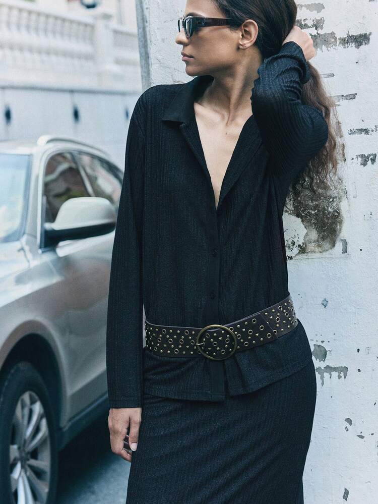 SHEIN Maija 2pcs Women's Casual Black Solid Long Sleeve Single-Breasted Shirt And Long Midi Skirt Set, Autumn