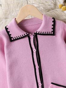 SHEIN 2 peças de roupa de outono para meninas, conjunto de suéter e saia cardigan contrastante vermelho rosa, terno de malha estiloso e fofo para meninas