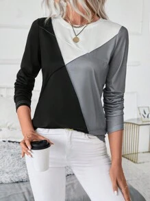 EMERY ROSE Women's Casual Colorblock Geometric Print Round Neck Long Sleeve T-Shirt, Autumn Fall Cloth For Women - Multicolor - View 7