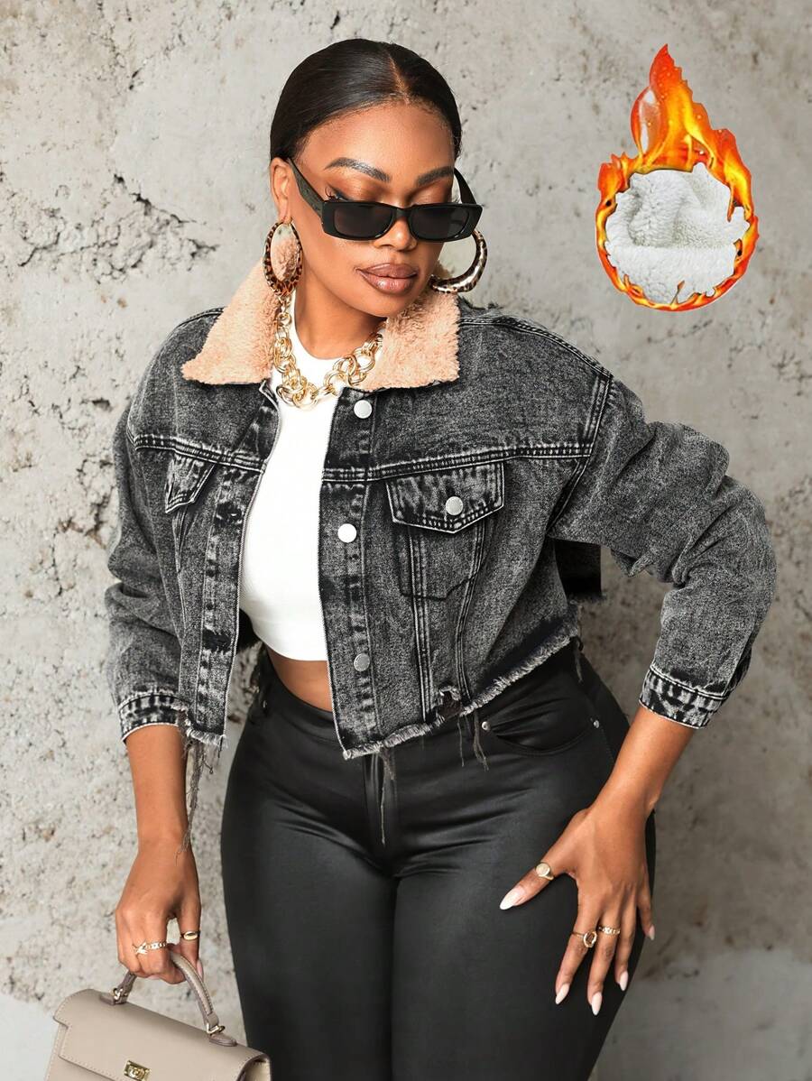 SHEIN SXY 大码牛仔夹克 黑色大码拼接长袖短款外套 冬季保暖牛仔泰迪熊 牛仔泰迪熊保暖毛绒外套 羊毛泰迪熊外套 - 黑色 - 查看 1