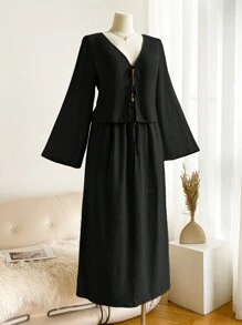 SHEIN Frenchy 2 件大码女式休闲西装，衬衫 + 长裙，亚麻面料，杏色 - 黑色 - 查看 3