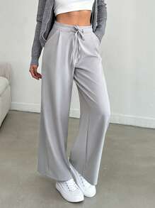 EURMUSE Women Neutral Drawstring Waistband Pants - Light Grey - View 3