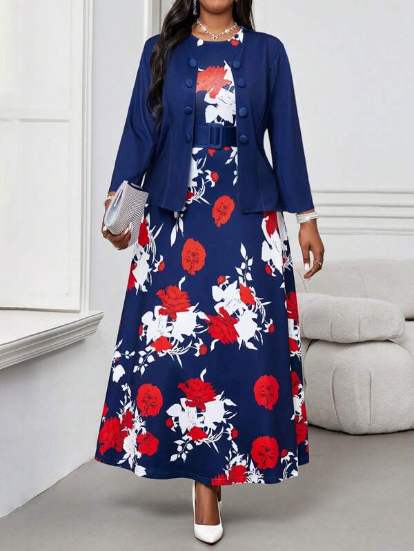 SHEIN Lady Cardigan cu nasturi marimi mari, cu centura in talie, rochie de lungime mijlocie cu imprimeu floral, set 2 piese - haine profesioniste de Craciun pentru femei, blazer mov Seturi tinute femei