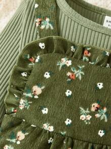 SHEIN Vintaside Kids 女婴灯芯绒碎花吊带裤和圆领长袖上衣时尚服装 - 綠色 - 查看 3