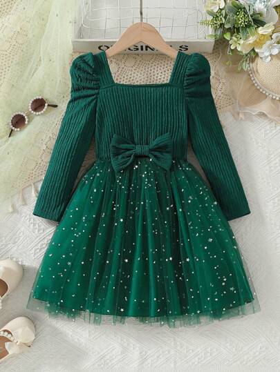 Glamorique Kids Young Girls' Magenta Star Sequined Tulle Ruffle Dress With Bowknot Collar And Long Sleeves, Princess Party Dress For Spring Autumn