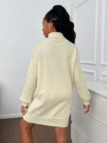 Gaun Sweater Rajut Lengan Panjang Kerah Tegak Kasual untuk Anak Perempuan Remaja, Musim Gugur/Dingin - Aprikot - View 3
