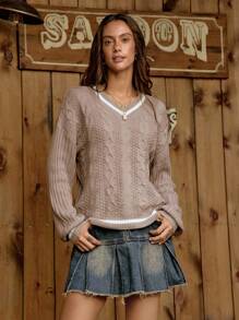 LanaWest Suéter casual de mujer de estilo campestre con cuello en V, hombros caídos y manga larga con bloques de color