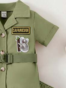 2 pezzi Set giacca e pantaloncini per bambini maschi, stile casual da esplorazione all'aperto con design a figura di animali, per primavera/estate - Verde militare - Visualizzare 6