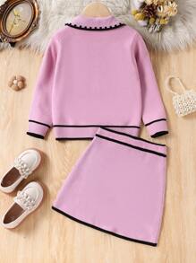 SHEIN 2 peças de roupa de outono para meninas, conjunto de suéter e saia cardigan contrastante vermelho rosa, terno de malha estiloso e fofo para meninas