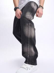 Manfinity EMRG Jeans diritti con gamba ampia e lavaggio sfumato, stile casual da uomo