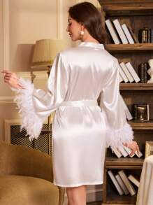 Snug Zone Furry Trim Collared Satin Ladies' Elegant Robe With Bell Sleeves Luxe Loungewear, Fall, Winter - White - View 2