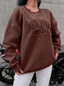 Sudadera con capucha de algodón con bordado de letras, hombros caídos y forro térmico