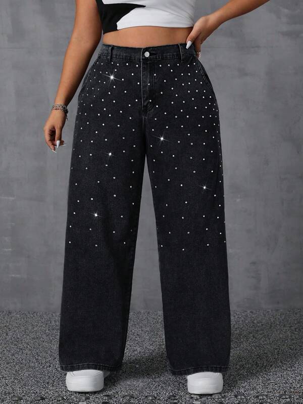SHEIN ICON Plus Size Women Loose Rhinestone Embellished Pockets Wide Leg Casual Jeans