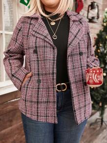 Plus Size Plaid Lapel Side Pockets Double-Breasted Overcoat - Red - View 5