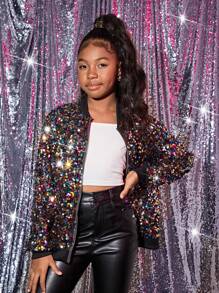 SHEIN Tween Girls Pearl Embellished Round Neck Long Sleeve Casual Jacket, Autumn/Winter - Multicolor - View 4