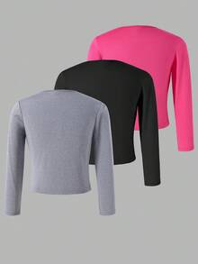 SHEIN Bộ 3 áo thun dài tay cho bé gái tuổi mới lớn - Nhiều màu - Xem 2