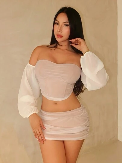 Zolique 2 件女式露肩雪纺褶皱短款上衣和褶皱紧身裙套装