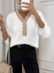 SHEIN LUNE Jersey de cuello en V de manga larga con volantes de contraste para mujer, suéter de punto para otoño e invierno - Blanco - Ver 3