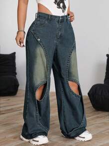 SHEIN ICON 大码前扣口袋镂空简约牛仔裤，休闲日常穿着 - 霧霾藍 - 查看 3