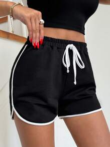 RueChic Shorts deportivos unido en contraste de cintura con cordón - Negro - Ver 4
