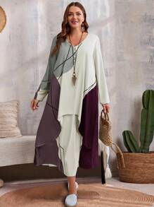 EMERY ROSE Plus Size Casual Contrast Color Block 2 In 1 Dress Fall