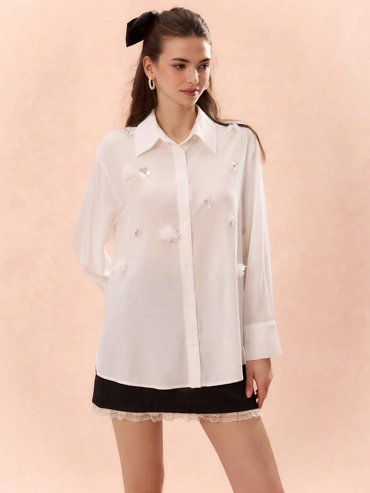 Women's 3D Handmade Three-Dimensional Flower, Chiffon, Diamond Jewelry, Long-Sleeved Loose Shirt,Fall Women Clothes,Winter Women Clothes