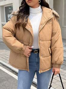 SHEIN Frenchy Plus Size Warm, Jacket, Winter Jacket, Winter Women's Clothing, Long Sleeve Jacket, Outer Wear, Versatile, Airport Wear, Front Zipper Long Sleeve Pockets Fluffy Patchwork Hood EDP Add-On Jacket
