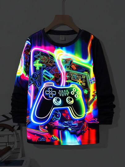 SHEIN Camiseta de manga larga con estampado de mando de juego luminoso y colorido para niño preadolescente, adecuada para juegos al aire libre en otoño y primavera, escuela, fotografía callejera, fiestas y uso casual, alta relación calidad-precio