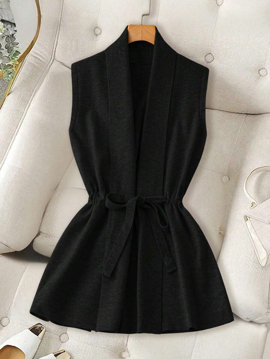 Franclia Áo len cardigan không tay cổ buộc eo màu trơn cho nữ, áo không tay - màu đen - Xem 1