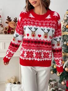 EMERY ROSE Christmas Autumn/Winter Round Neck Dropped Shoulder Reindeer Pattern Sweater - Multicolor - View 5