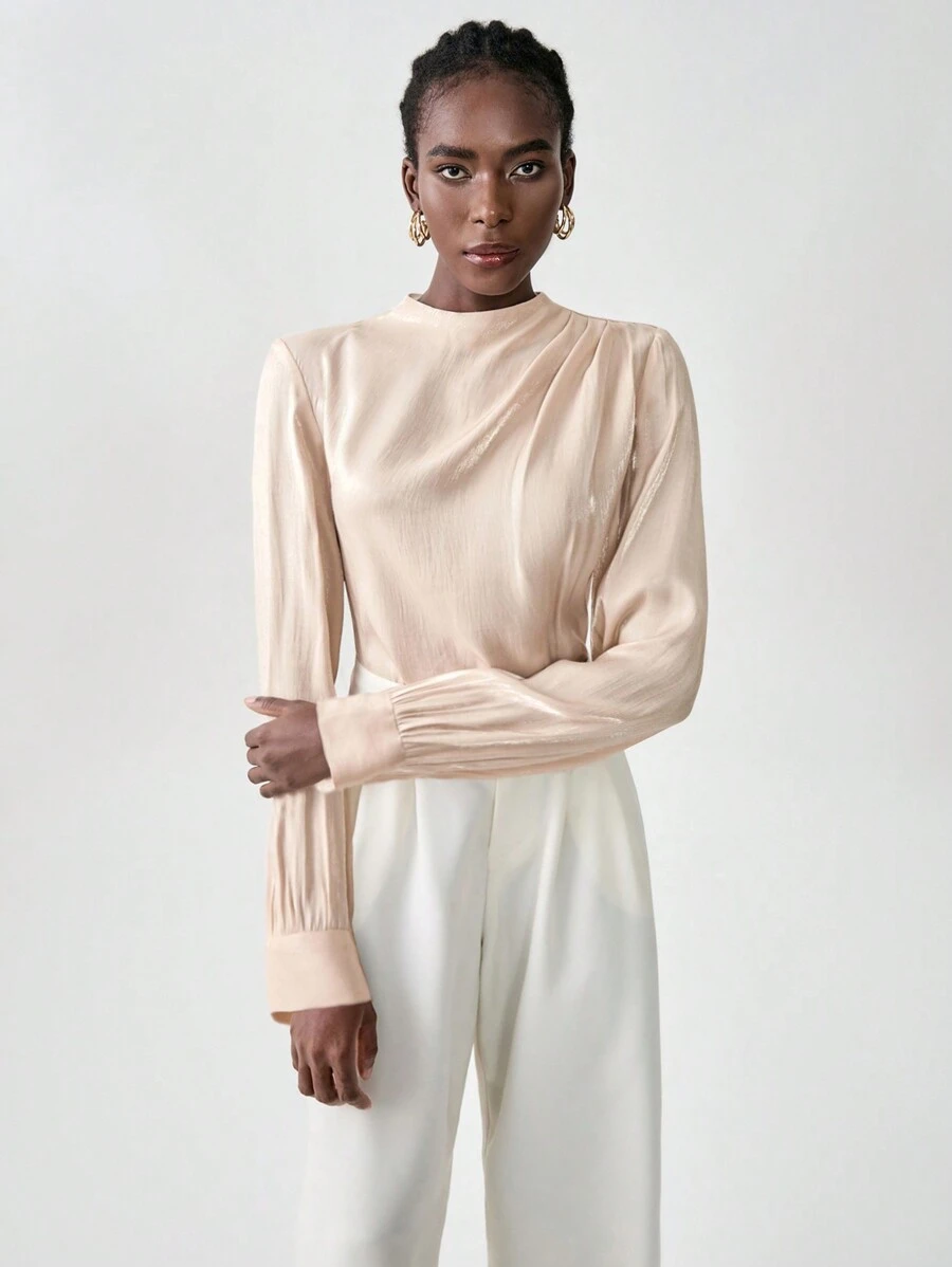 SHEIN Unity Solid Color Pleated Collar Elegant Long Sleeve Blouse - Apricot - View 1