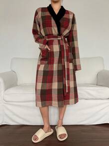 DAZY Plaid Patchwork Velvet Fabric Loose Long Sleeve Bathrobe Fall,Winter Pajama - Brown - View 3