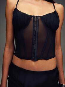 SHEIN Unity Einfarbiges Sommer Trägertop mit vorderer Knopfleiste und transparenter Spitze, sexy