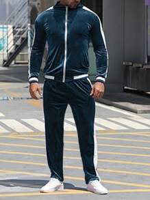 Manfinity Dauomo Chaqueta con cremallera y pantalones a juego de color contrastante, conjunto de chándal casual, primavera otoño para hombre